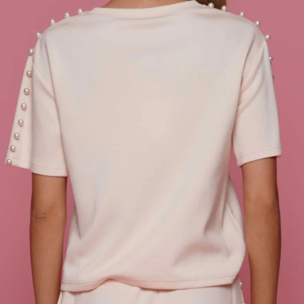 Whydress  Light Pink Lyocell Short Sleeve Lined Pearl Top size Large